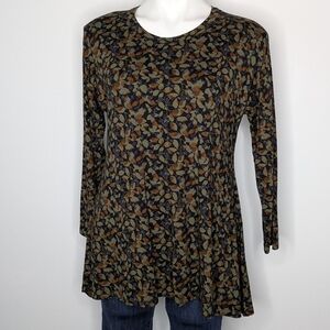 Cut Loose Black Brown Green Floral Leaf Long Sleeve Top S